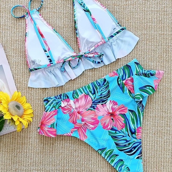 High Waist Ruffle Bikini Aqua Pink Palm Print M/L - Picture 3 of 6